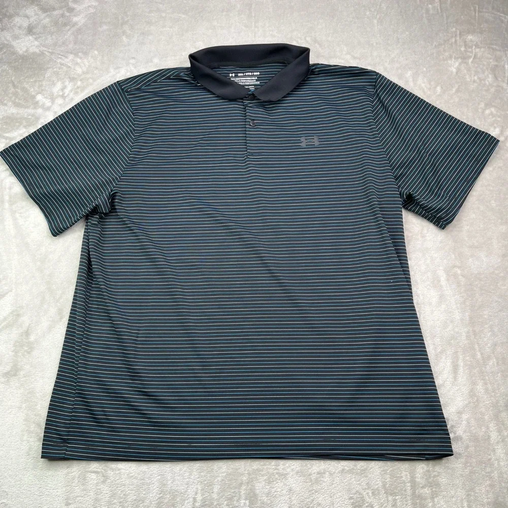 Under Armour Performance Polo Shirt Mens 2XL Black‎ Teal Striped Loose Fit Golf
